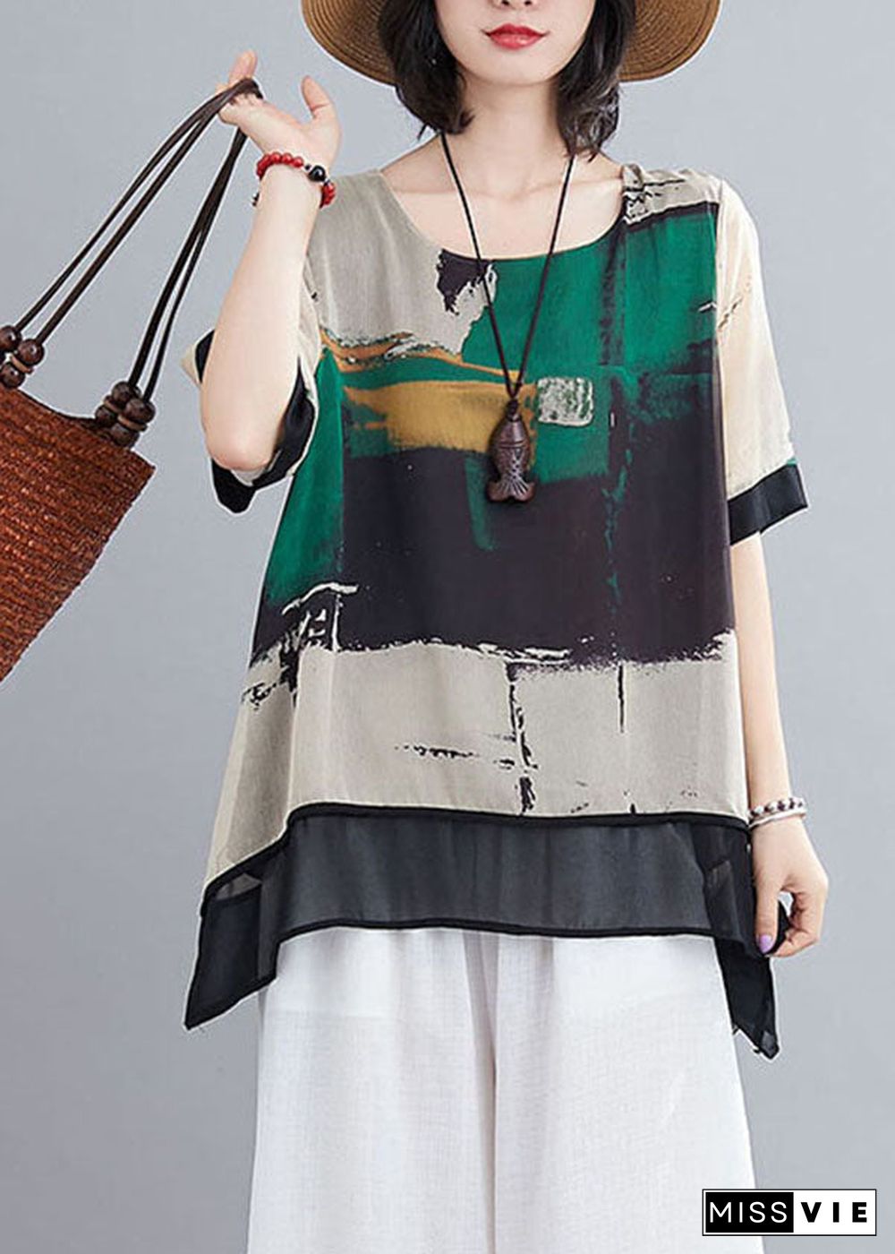 Boho Green Asymmetrical Design Print Chiffon Tank Tops Short Sleeve