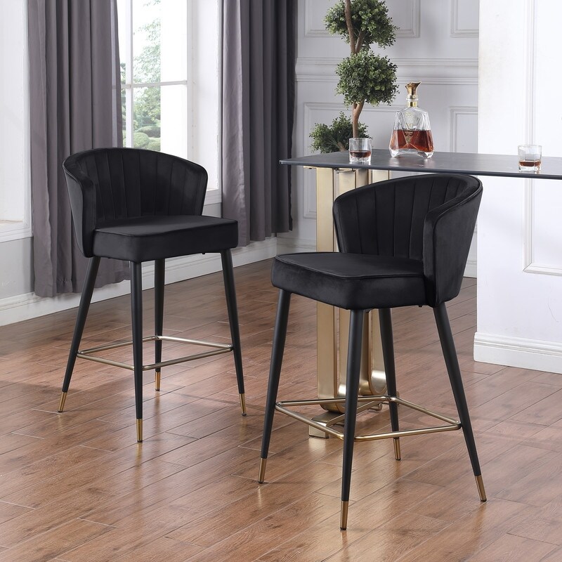 Contemporary Velvet Upholstered Counter Height Stool with Metal Legs