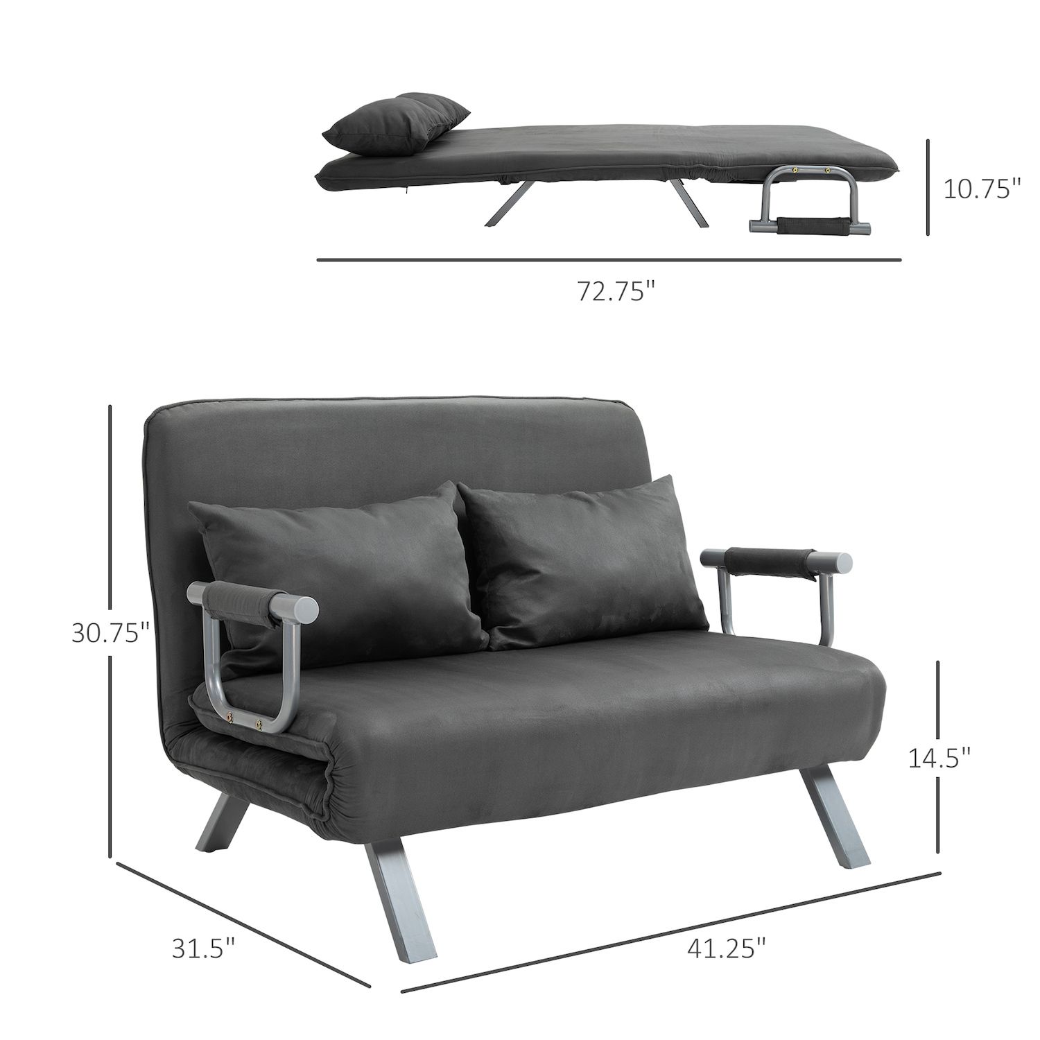 HOMCOM Convertible Sofa Bed Sleeper Chair 5 Position Adjustable Backrest Armchair Sleeper with Pillows Leisure Chaise Lounge Couch Grey