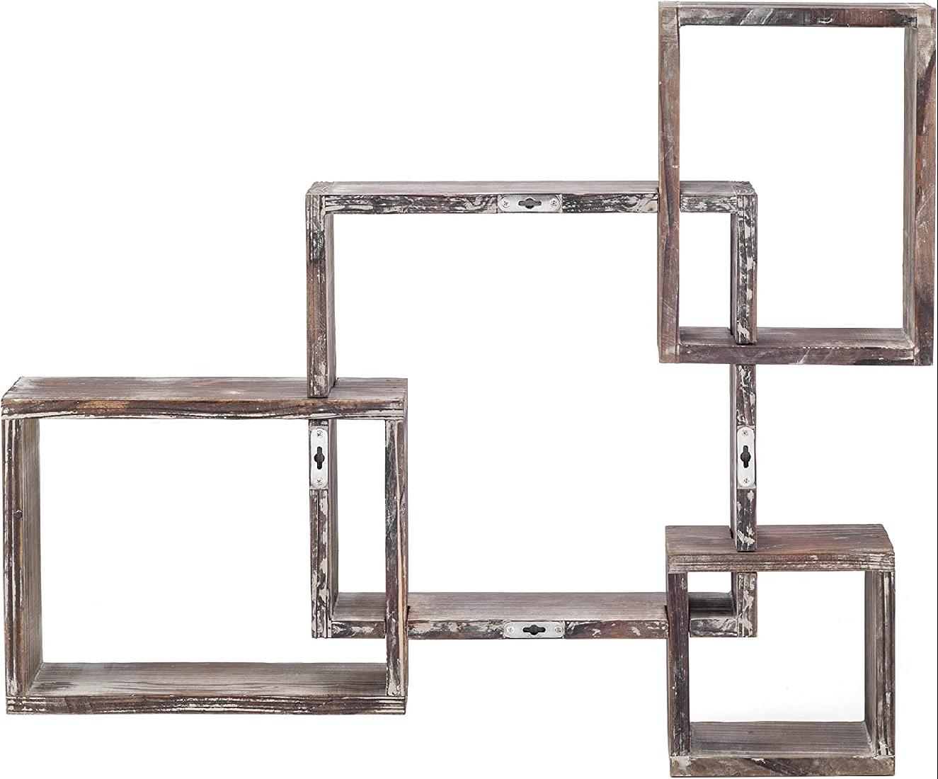 Rustic Wood Shelves -Floating Intersecting Wall Shelves with Cubes, Wall-Mounted Square, Antique Style Shadowbox, Decorative Collection Display Organizer.