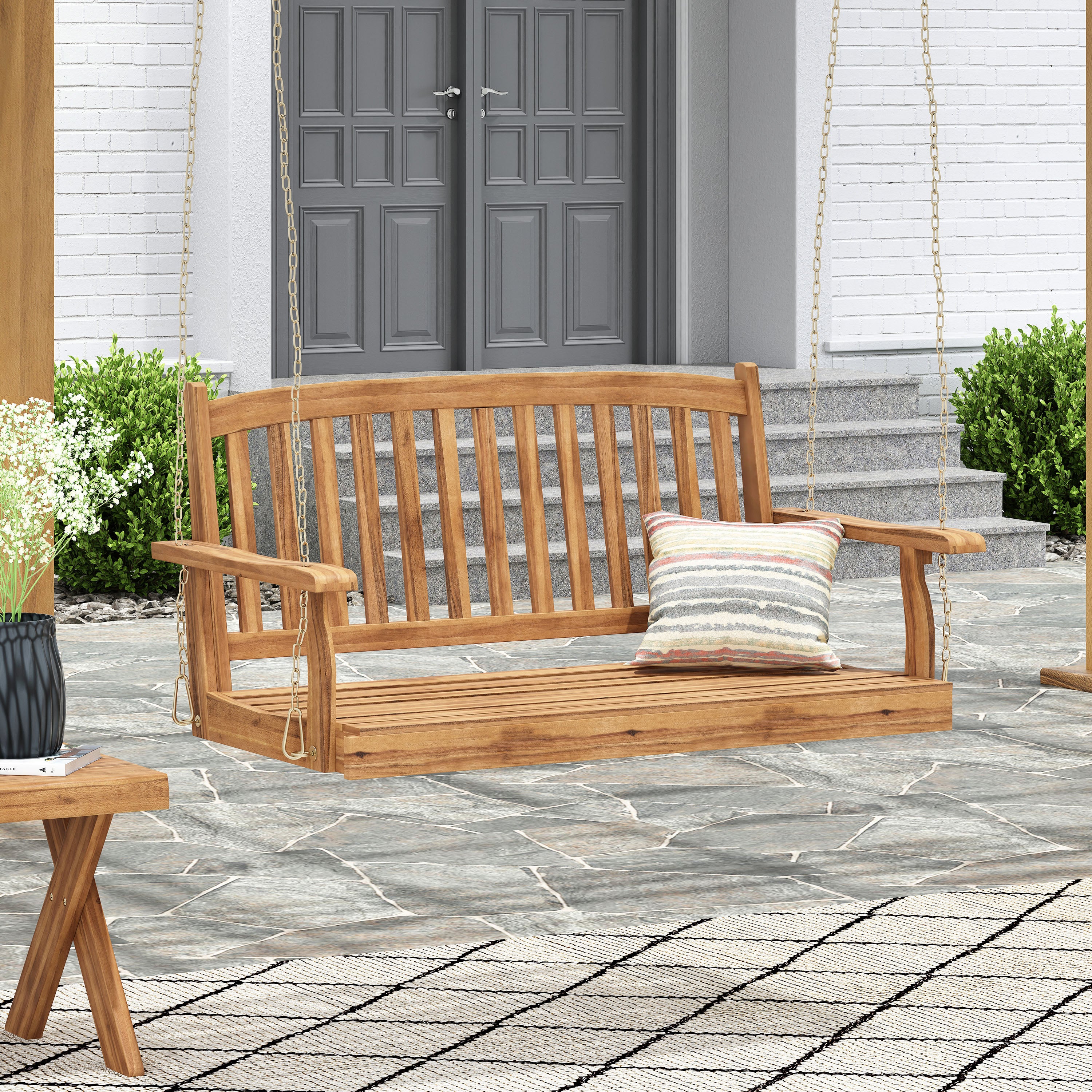 Lawton Outdoor Acacia Wood Hanging Porch Swing