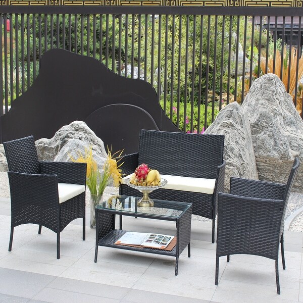 4 PC Simple Rattan Patio Furniture Set， Outdoor Cushioned Sofa - Overstock - 37666665