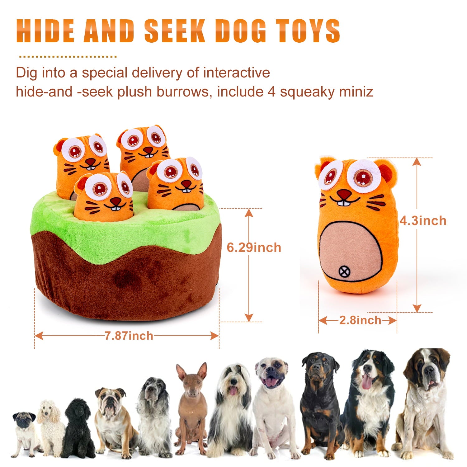 Interactive Hide and Seek Dog Toys for Chiristmas Gifts- Squeaky Plush Dog Toy-Durable Puzzle Toys for Small Medium Large Dogs-Tough Chew Teething Soft Puppy Toy，Whac-A-Mole Game