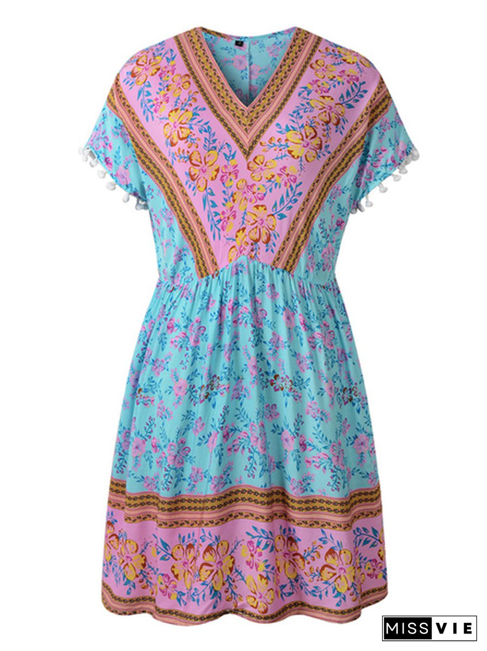 Boho Print Elastic Waist Dress with Pompom Decor