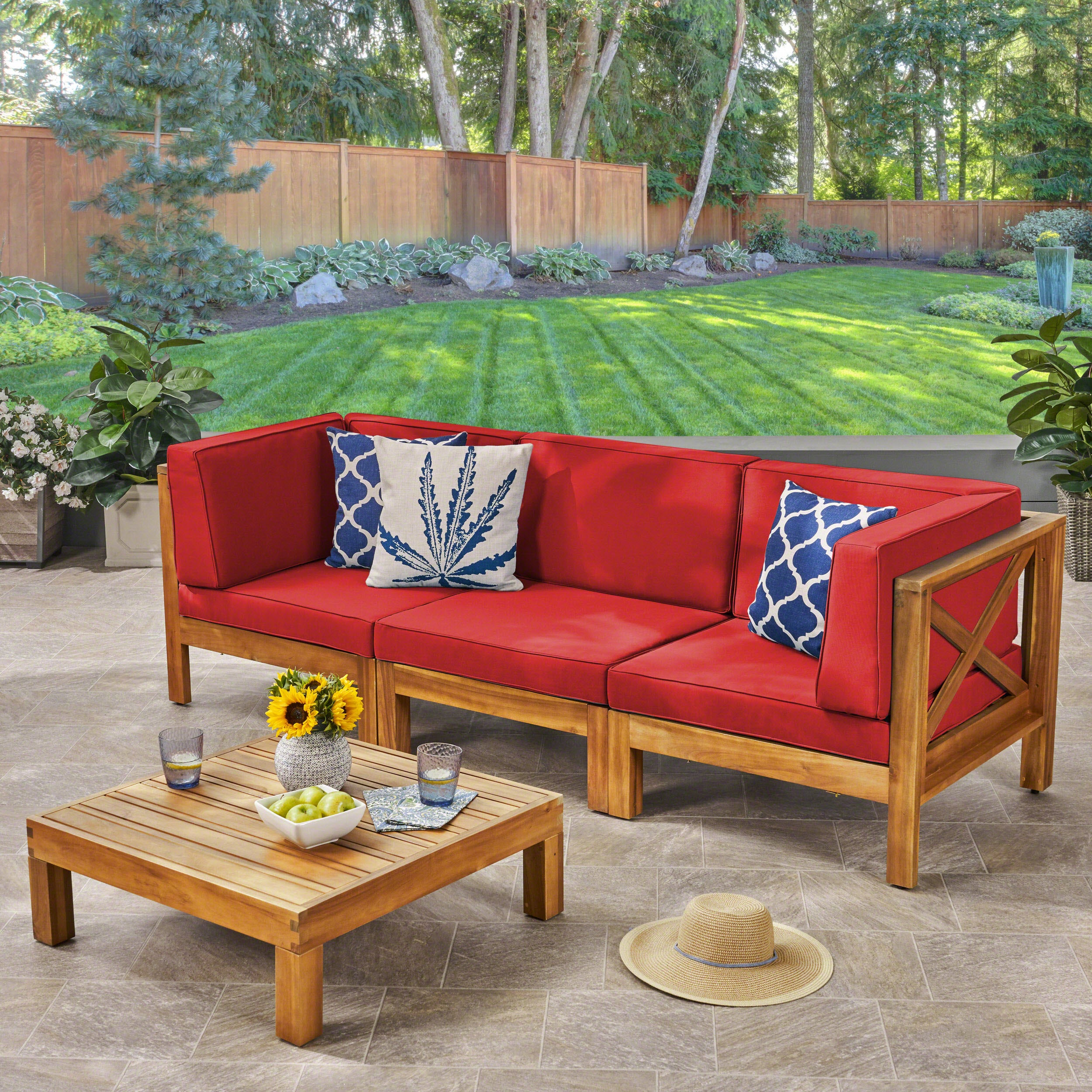 Brava Outdoor Modular Acacia Wood Sofa and Coffee Table Set with Cushions