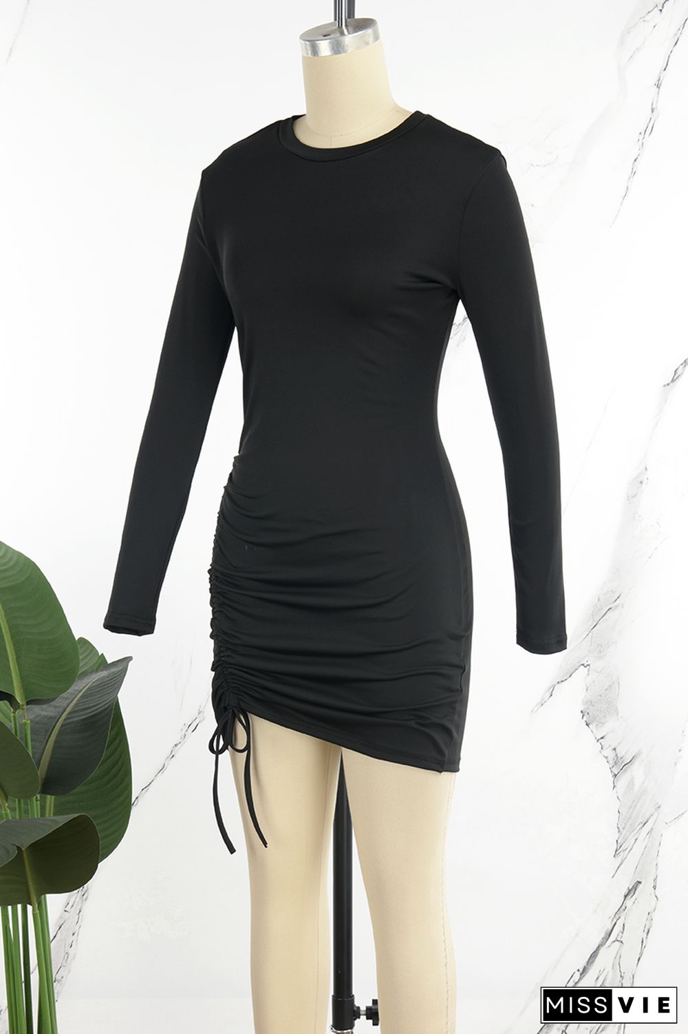 Black Casual Solid Draw String Frenulum O Neck Long Sleeve Dresses