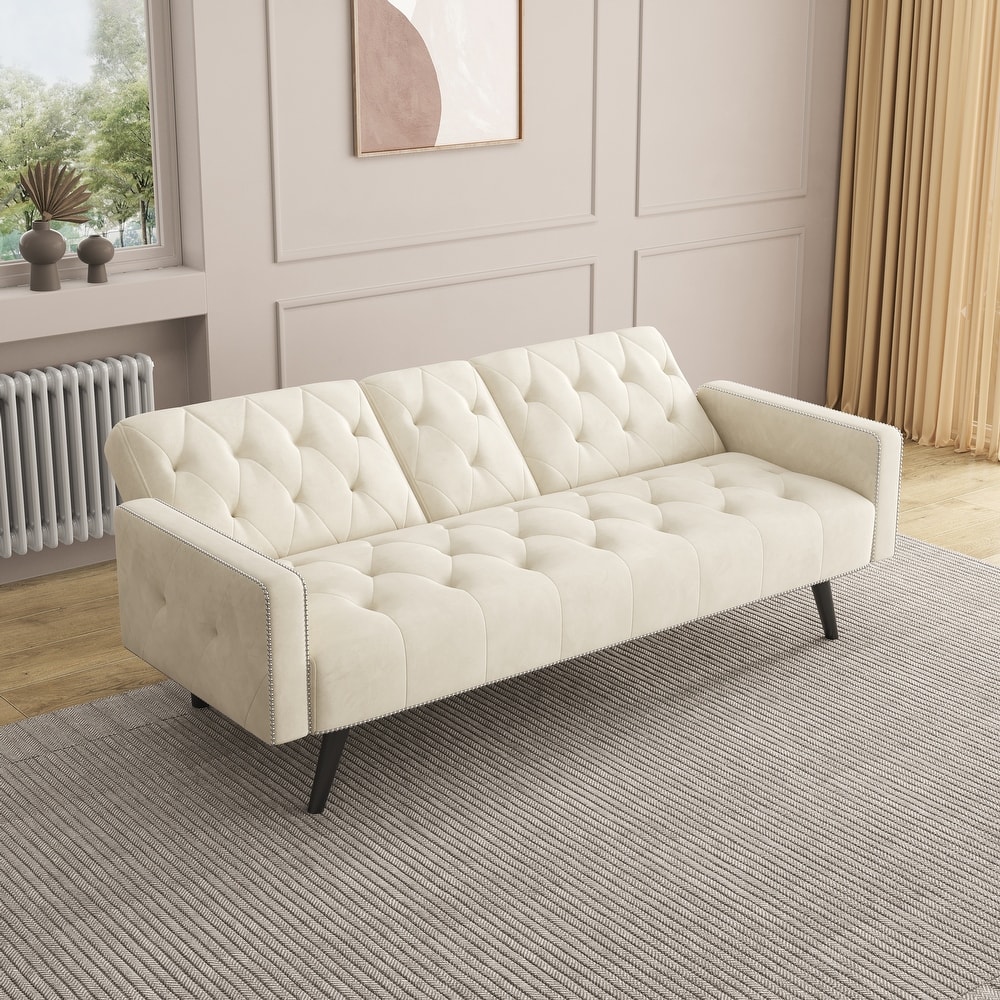 2 in 1 Folding Loveseat Sofa Bed Convertible Beige Sleeper Loveseat Settee with 2 Cup Holder and Nailhead Trim for Living Room