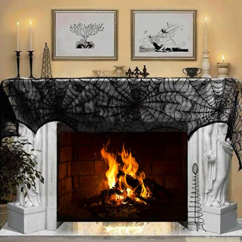 Fun Little Toys 2 PCs Halloween Tablecloth， Black Lace Spiderweb Fireplace Mantle and Tablecloth， Halloween Party Supplies， Halloween Party Decorations， Halloween Indoor Decorations