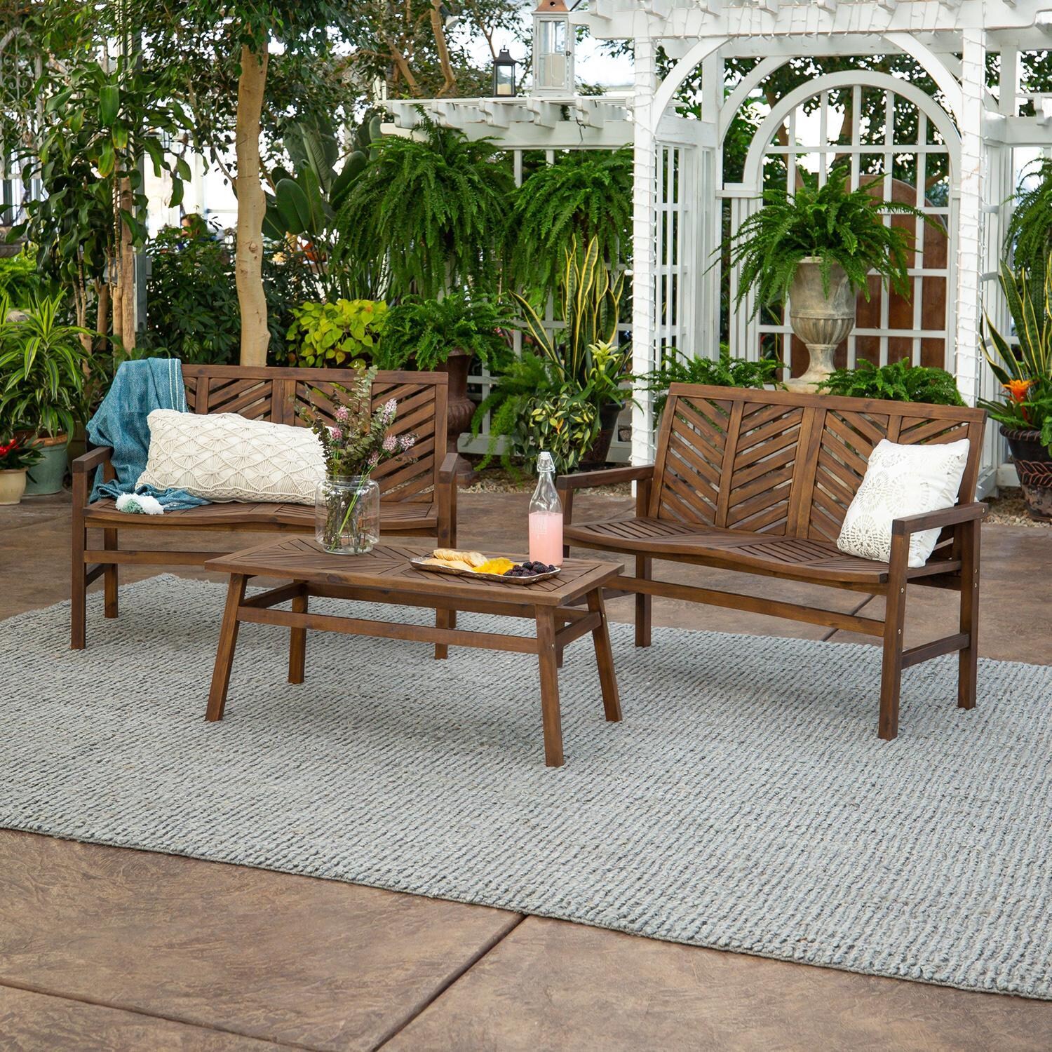 Ultimate Patio Wishlake 3 Piece Acacia Patio Conversation Set W/ 42 X 20 Inch Rectangular Table