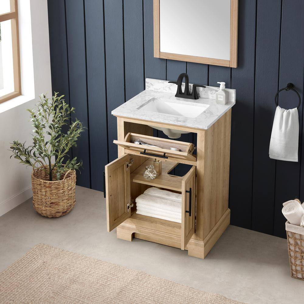 Home Decorators Collection Doveton 24 in. W x 19 in. D x 34.50 in. H Freestanding Vanity in Weathered Tan with White Engineered Stone Top Doveton 24WT