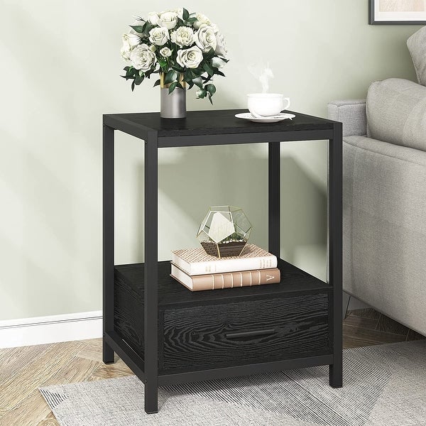 Industrial End Table with Drawer and Storage Shelves， Side Table and Nightstands