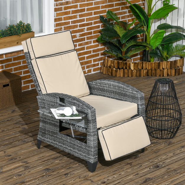 Outsunny Outdoor Recliner Chair With Cushions Pe Wicker Reclining Patio Lounge Chair With Adjustable Footrest Armrests Side Tray Table Khaki