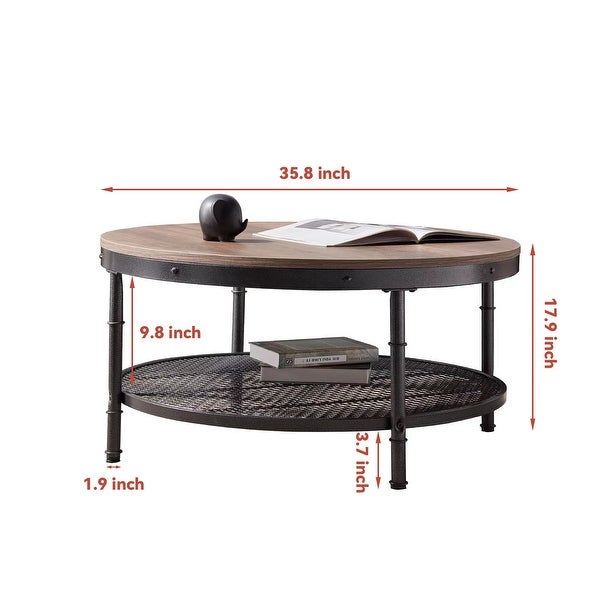 2-Tier Single Panel Round Coffee Table with Metal Frame and Mesh