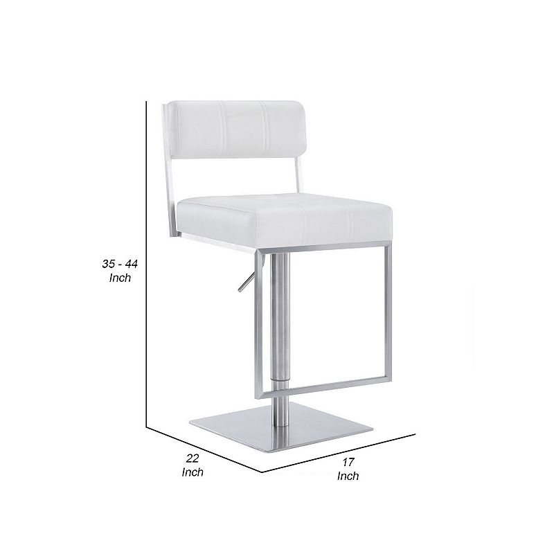 35 Inch Metal and Leatherette Barstool， Silver and White