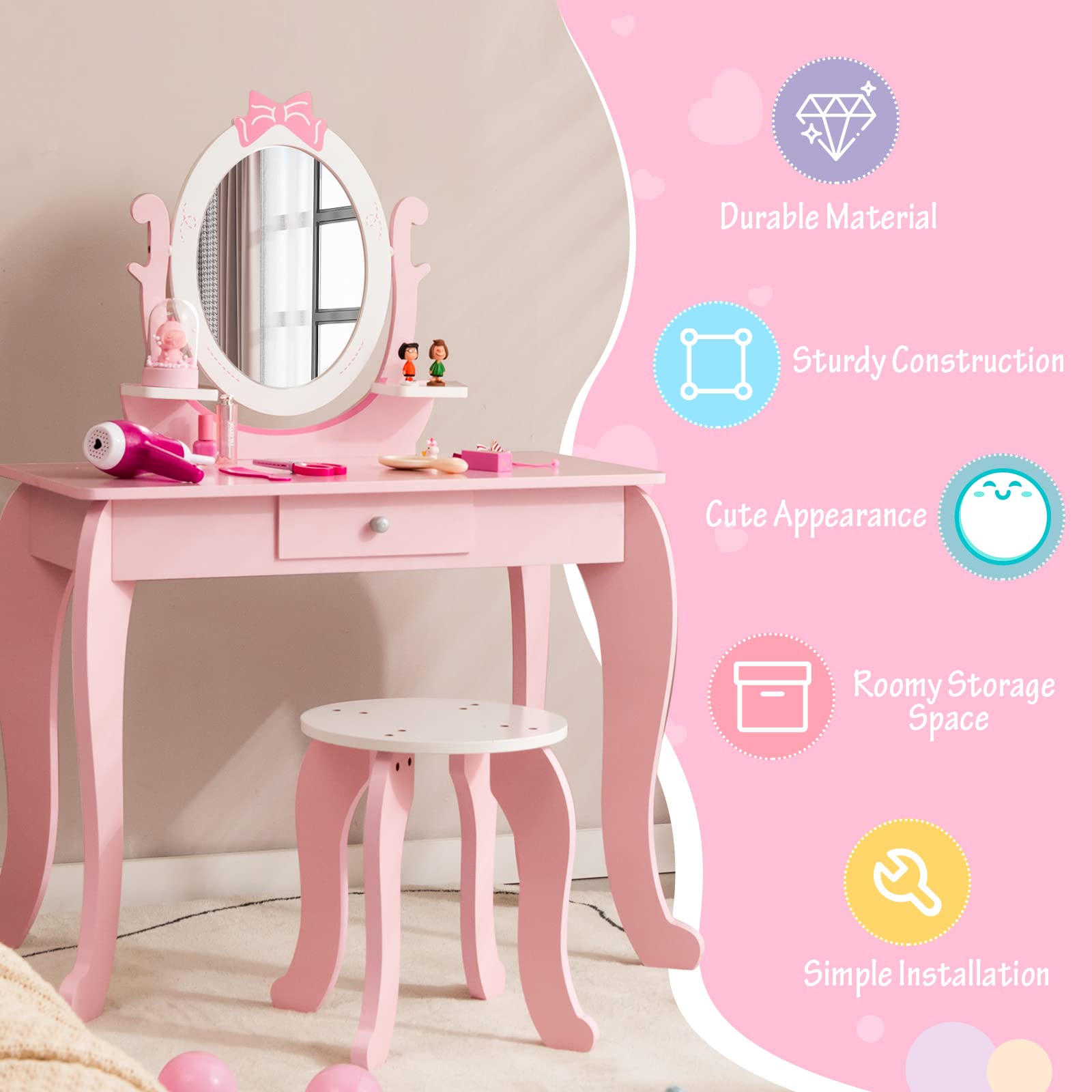 Costzon Kids Vanity Set with Mirror, 2 in 1 Princess Makeup Dressing Table