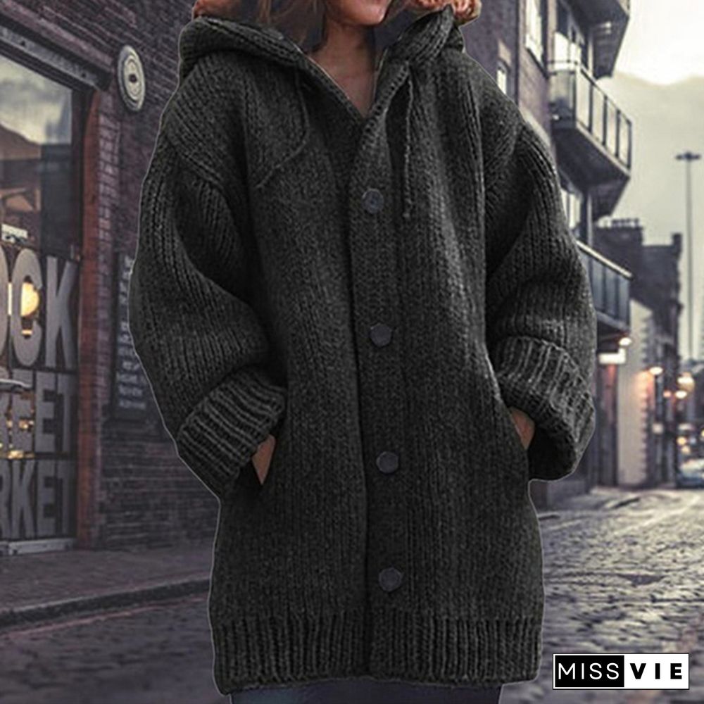 Women Fashion Mid-length Button Up Knitted Cardigan Jackets Ladies Casual Autumn and Winter Hooded Sweater Coats Strickjacke Damen