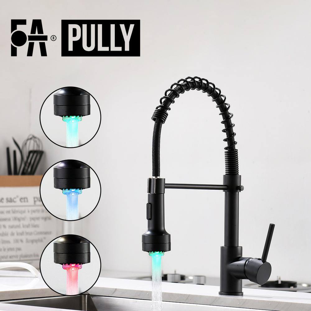 Fapully Single-Handle Pull Down Sprayer Kitchen Faucet with 360 Rotation and LED Lights in Matte Black DFA-1003B-LED