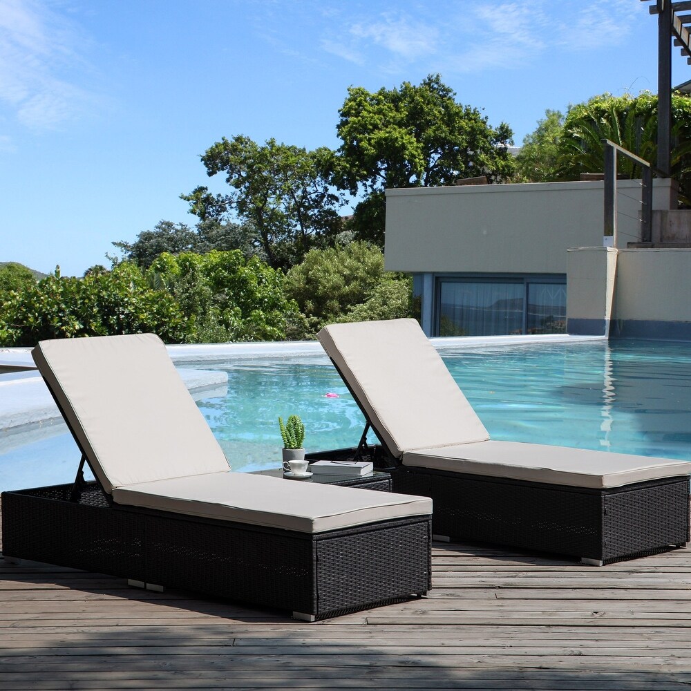 3 piece Patio Wicker Adjustable Chaise Lounge Chair and Table Set