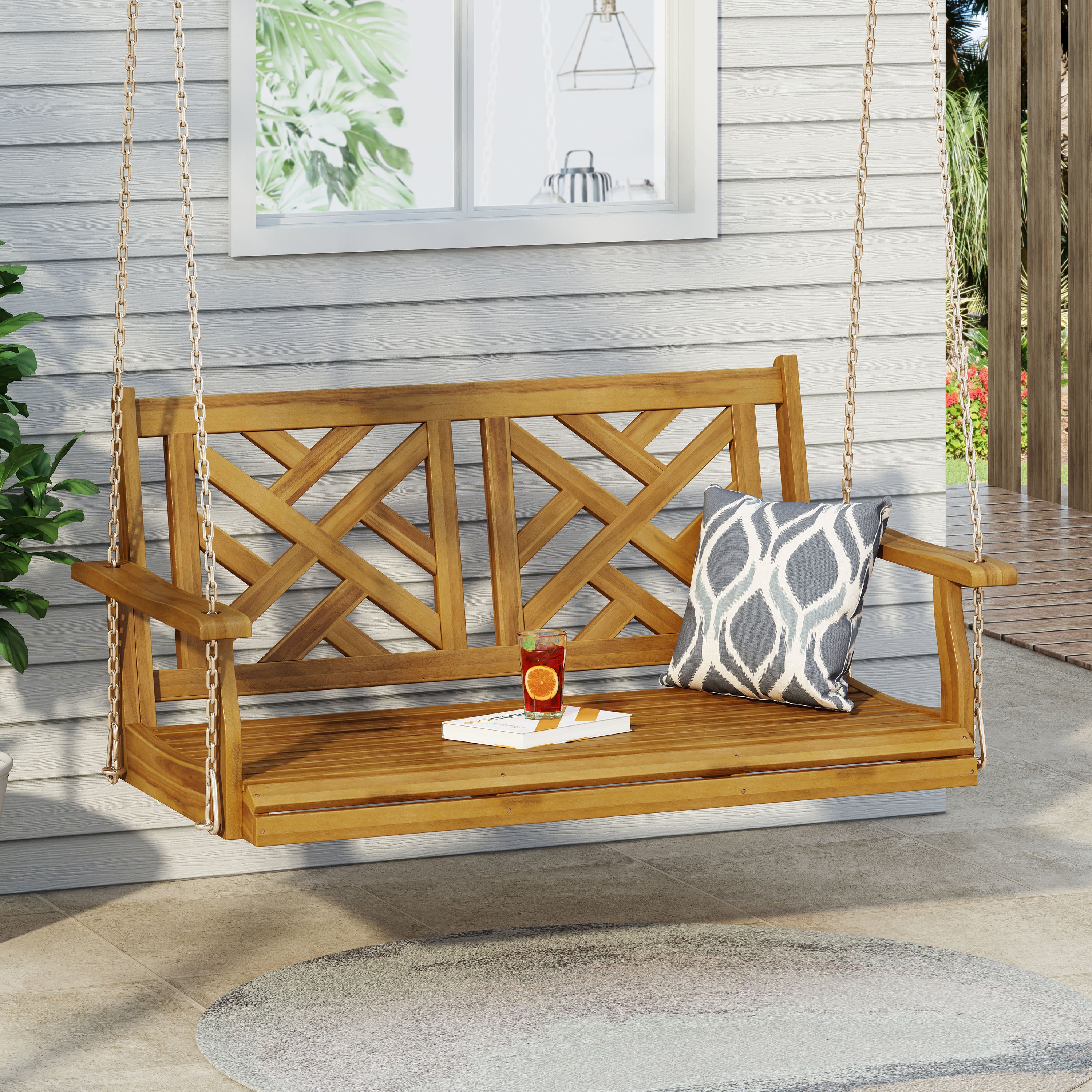 Petes Outdoor Acacia Wood Hanging Porch Swing