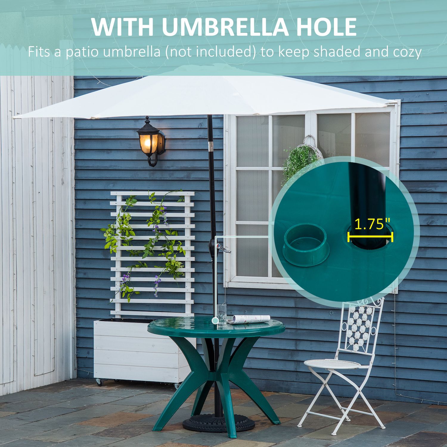 Outsunny Patio Dining Table with Umbrella Hole Round Outdoor Bistro Table for Garden Lawn Backyard， Green