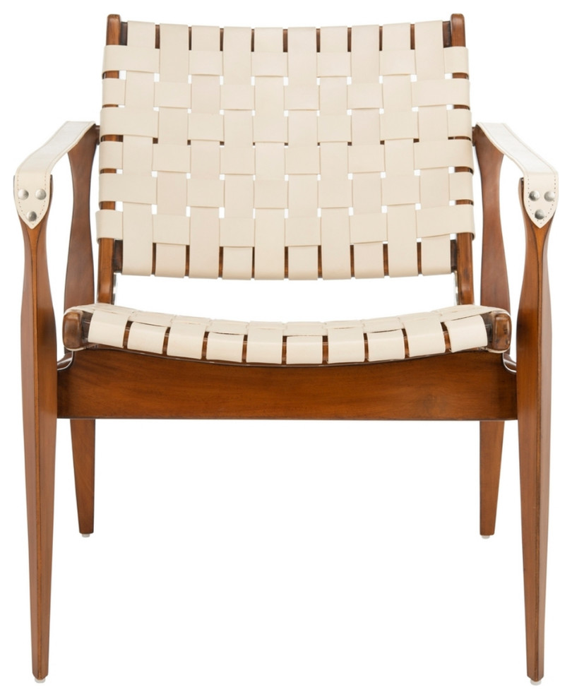 Conrad Leather Safari Chair White / Light Brown   Midcentury   Armchairs And Accent Chairs   by Peachtree Fine Furniture  Houzz