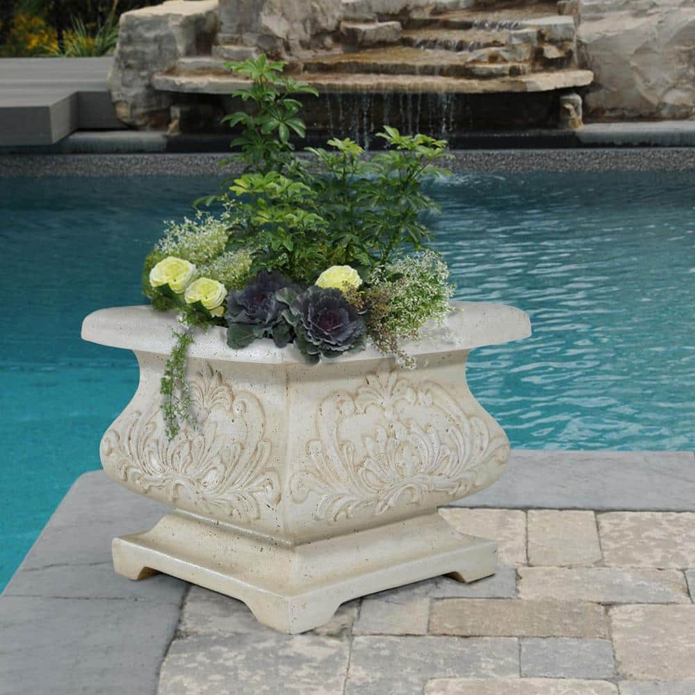 MPG 18 in. sq. Aged White Cast Stone Fiberglass Bombe Planter PF5795AW