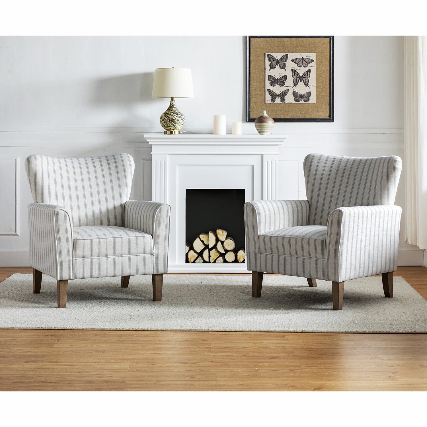 Warren Farmhouse Striped Wingback Chair with Solid Wood Legs Set of 2 by HULALA HOME