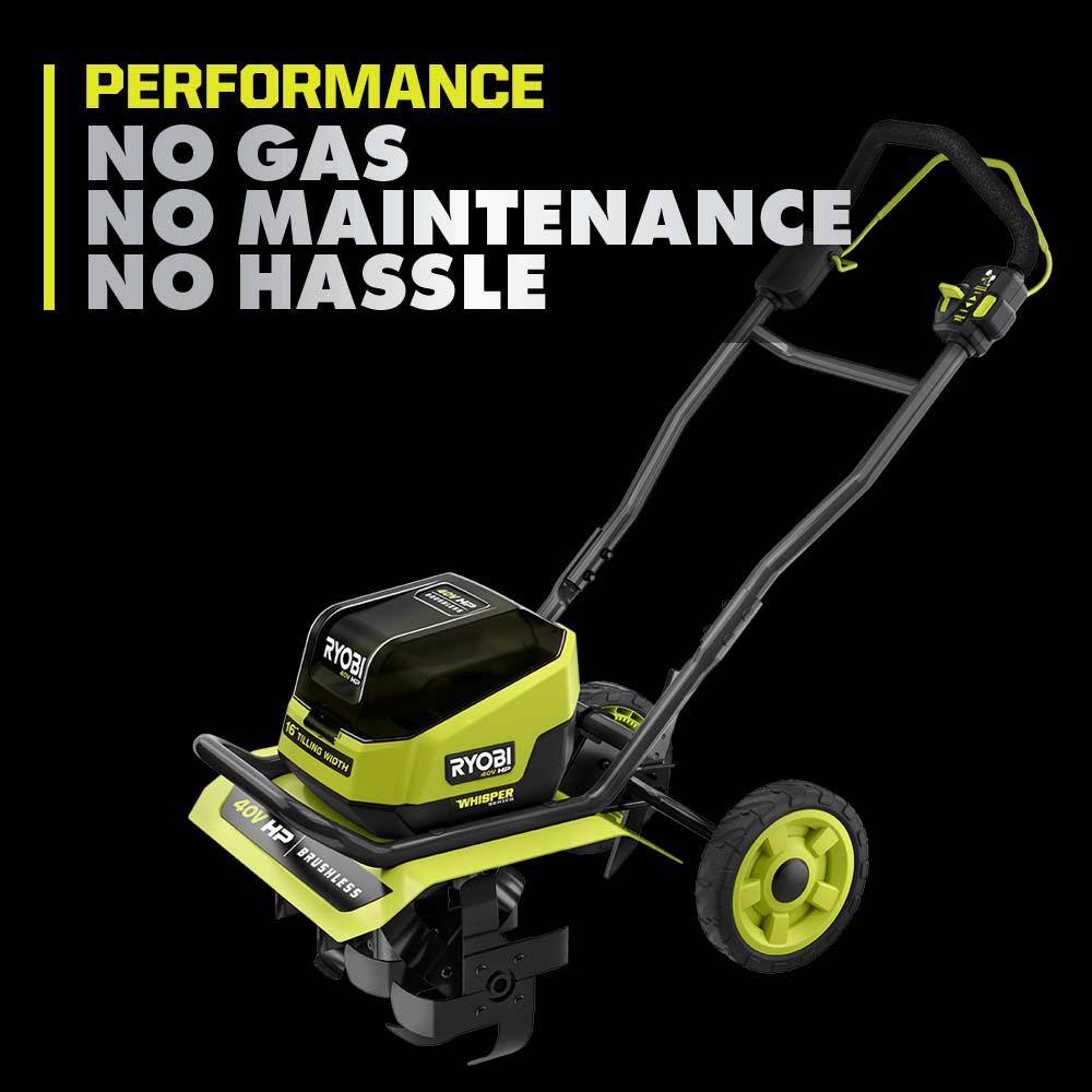 RYOBI 40V HP Brushless 16 in. Front Tine Tiller with Adjustable Tilling Width with 6.0 Ah Battery and Quick Charger RY40730