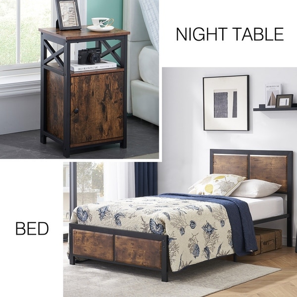 Taomika Industrial 3-pieces Bed with Wood Headboard and Nightstand Set - - 35162744