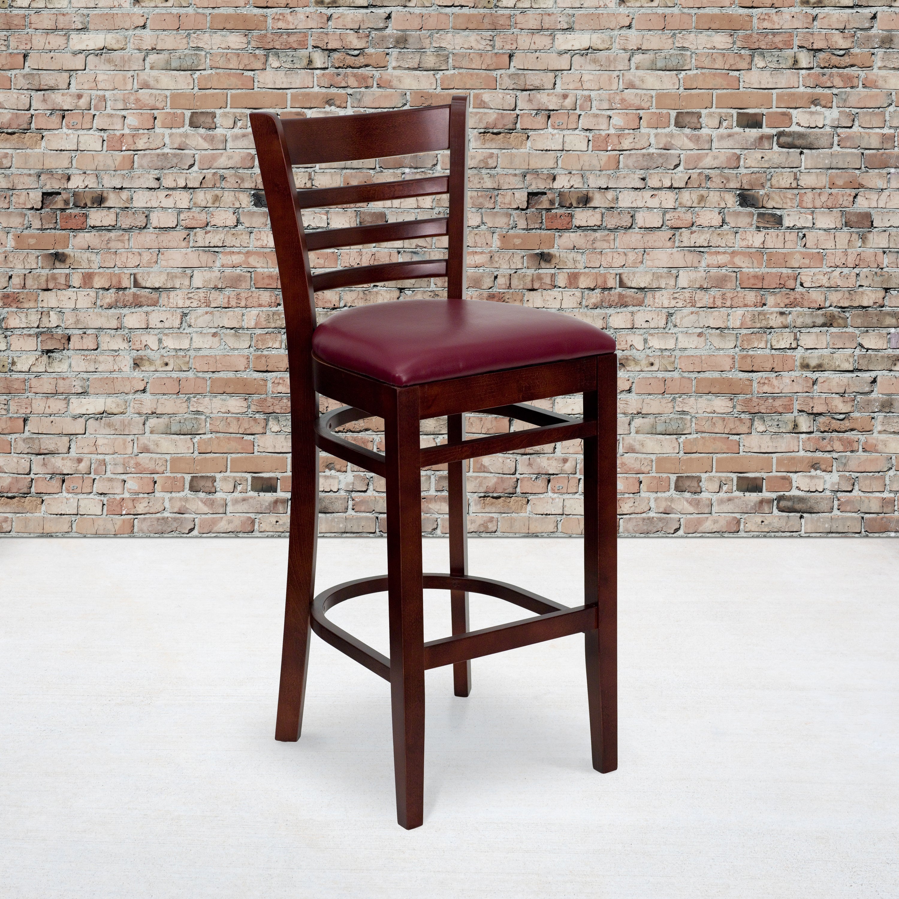 BizChair 2 Pk. Ladder Back Mahogany Wood Restaurant Barstool - Burgundy Vinyl Seat