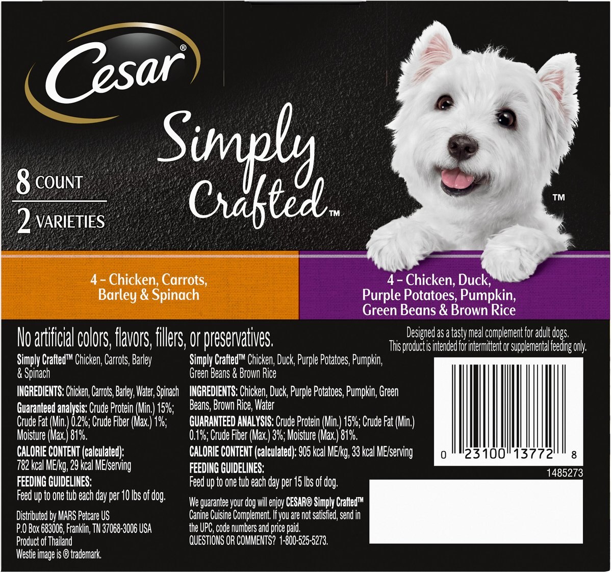 Cesar Simply Crafted Chicken， Duck， Purple Potatoes， Pumpkin， Green Beans and Brown Rice and Chicken， Carrots， Barley and Spinach Variety Pack Wet Dog Food Meal Topper， 1.3-oz tub， case of 16