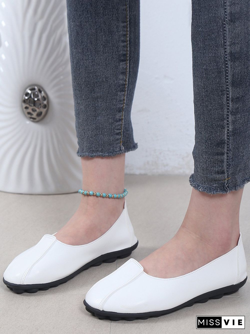 Women Casual Plain All Season Wearable Daily Flat Heel Pu Rubber Slip On Flats