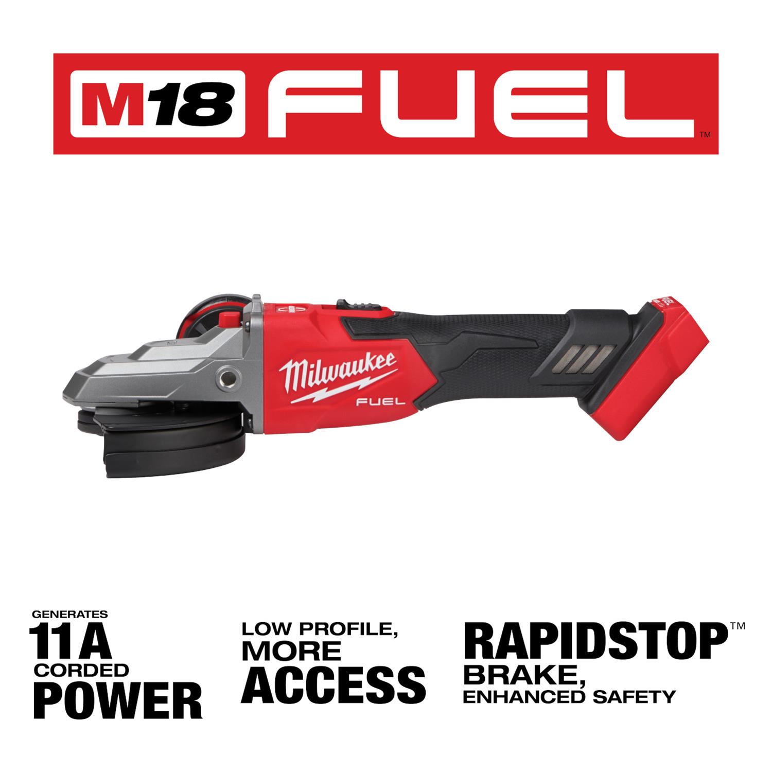 Milwaukee Tool 2887-20 Milwaukee M18 FUEL 5 in. Flathead Braking Angle Grinders with Slide Switch Lock-On