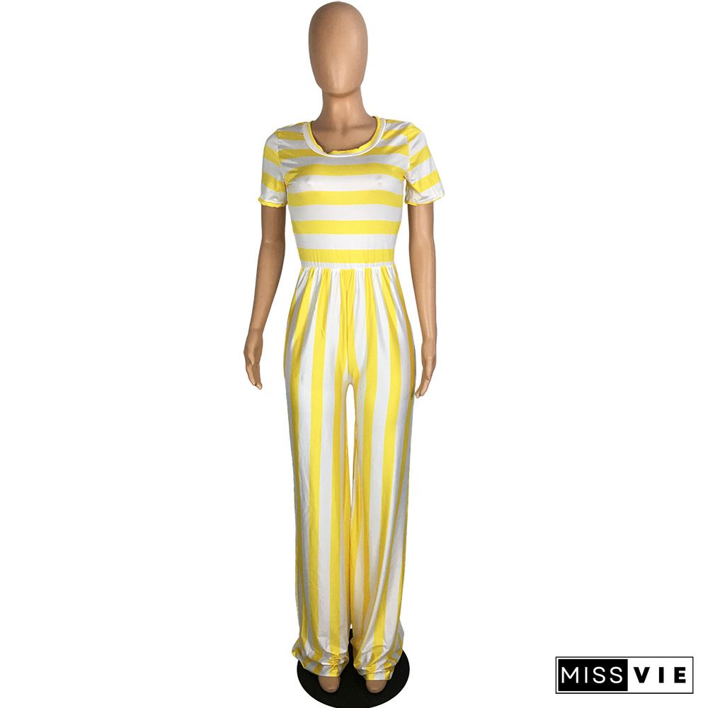 Striped Print Short Sleeve Wide Leg Jumpsuit