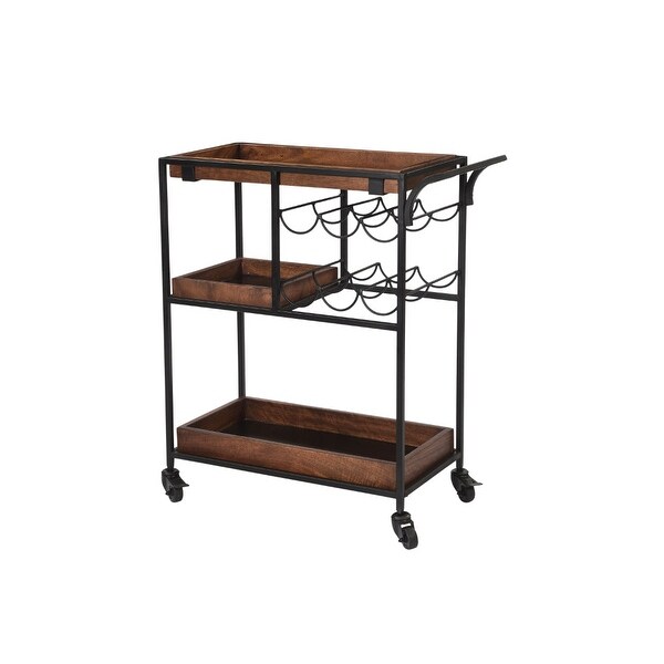 30 Inch Handcrafted Mango Wood Bar Serving Cart with Caster Wheels， 6 Bottle Holders， Tray Shelves，