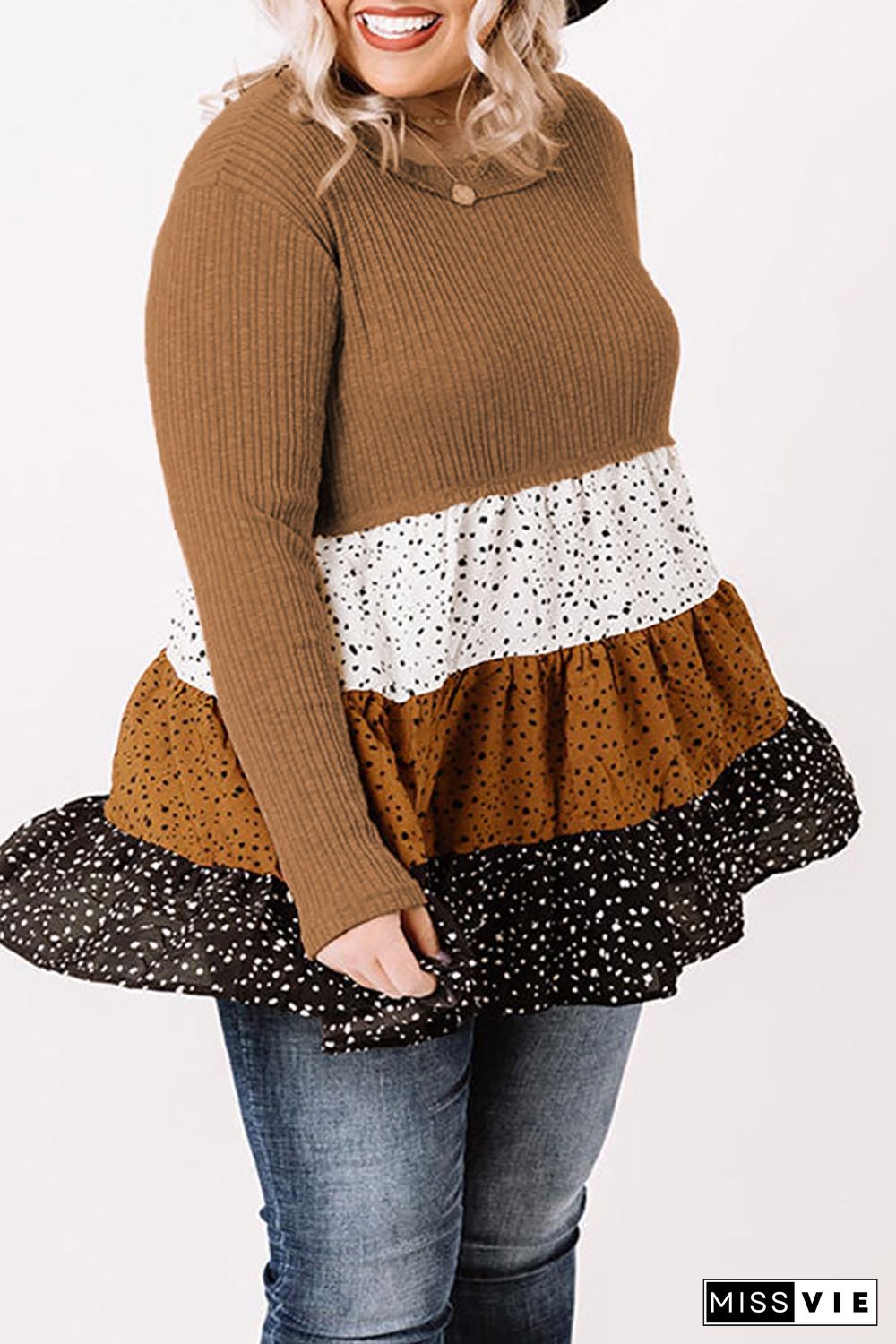 Plus Size Knit Dotted Print Tiered Top with Ruffle