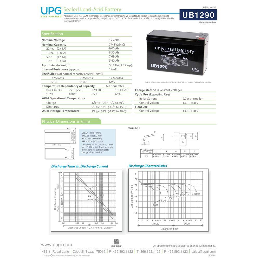 UPG 12-Volt 9 Ah F1 Terminal Sealed Lead Acid (SLA) AGM Rechargeable Battery UB1290