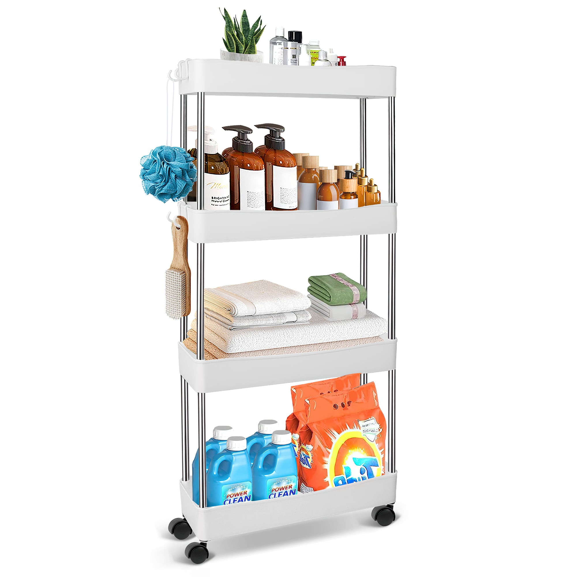 LAYADO 4-Tier Slim Rolling Cart， Bathroom Organizer Kitchen Storage Utility Cart with Wheels， Mobile Rolling Storage Cart for Bathroom Kitchen Laundry Narrow Storage Shelves， White