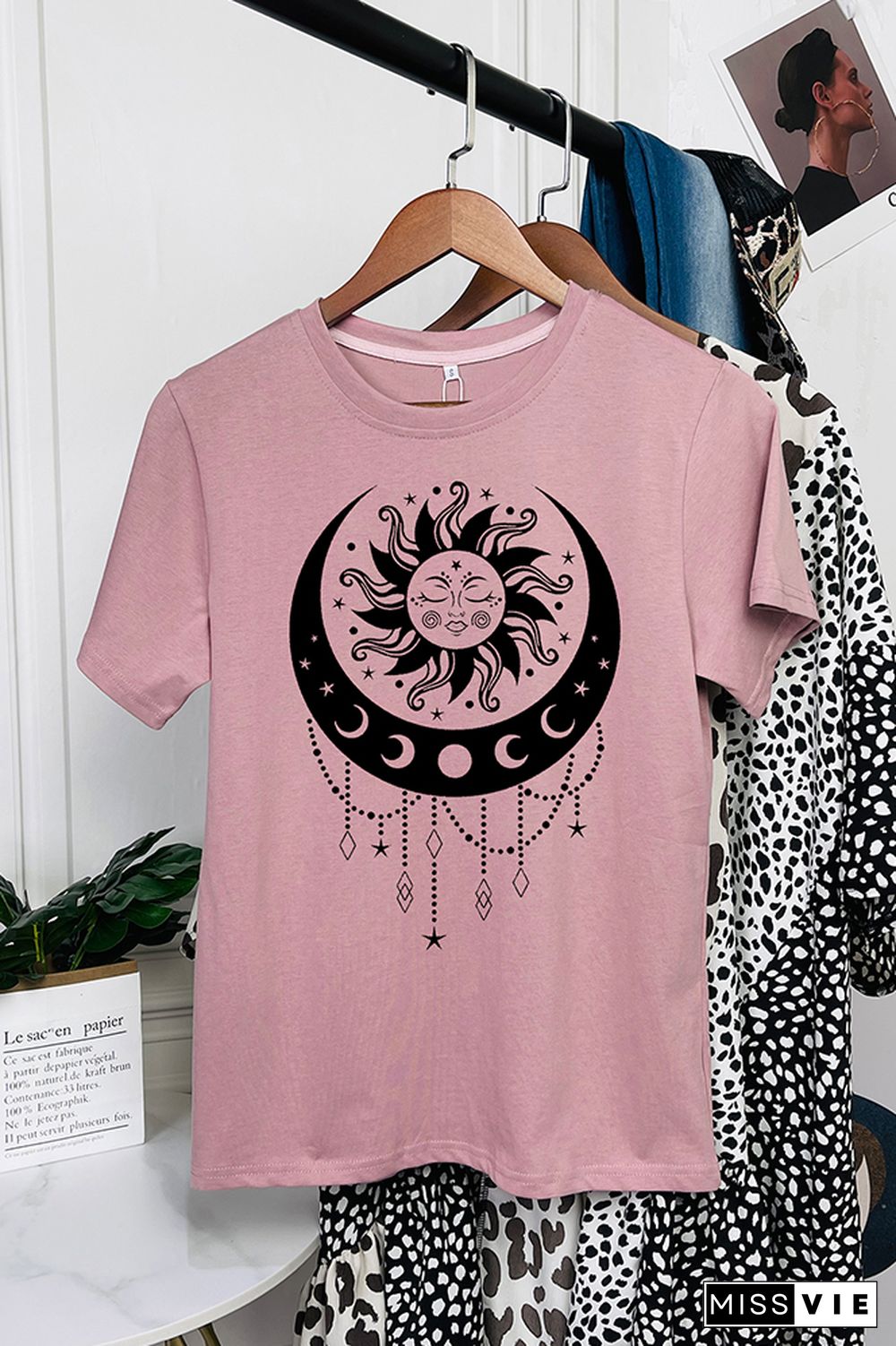 Sun and Moon Printed Graphic Tees for Women Wholesale Short Sleeve T shirts Top