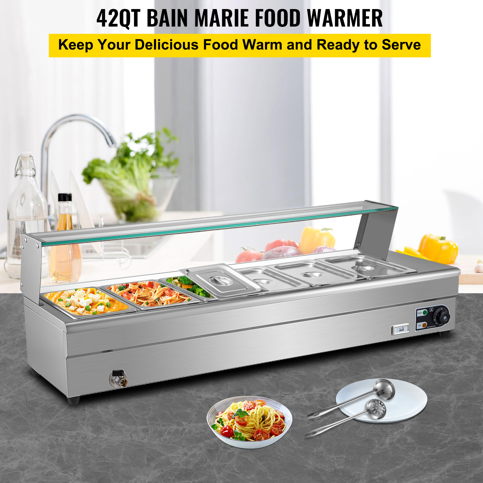 VEVORbrand 6-Pan Bain Marie Food Warmer 6-inch Deep， 1500W Electric Countertop Food Warmer 42 Quartz with Tempered Glass Shield with 6 Lids and 2 Ladles