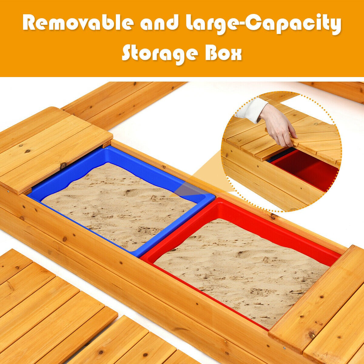 Kids Wooden Sandbox with Bench Seats & Storage Boxes