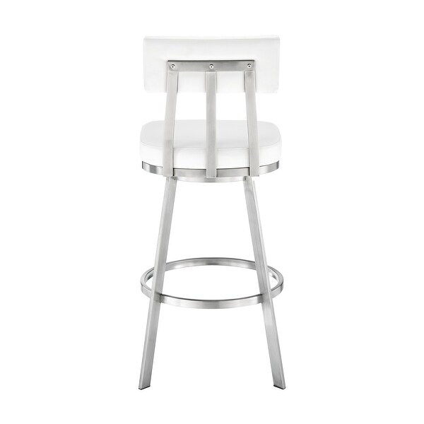 Col 30 Inch Swivel Bar Stool， White Faux Leather， Stainless Steel Legs