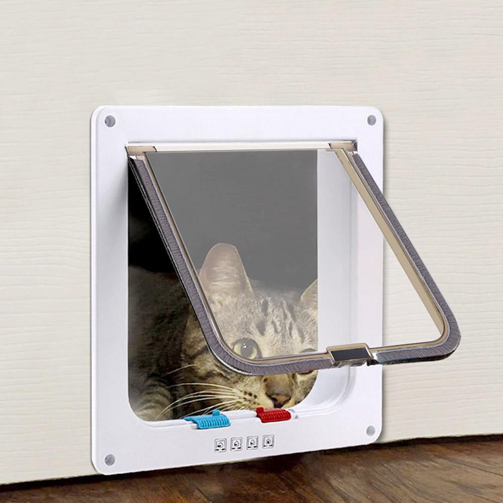 TBOLINE 4 Way Lockable Dogs Cat Security Flap Door Kitten Puppy Pets Gate (White S)