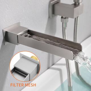 FLG Single-Handle Wall-Mount Roman Tub Faucet with Hand Shower Waterfall Bathtub Filler in Brushed Nickel SS-0028-BN