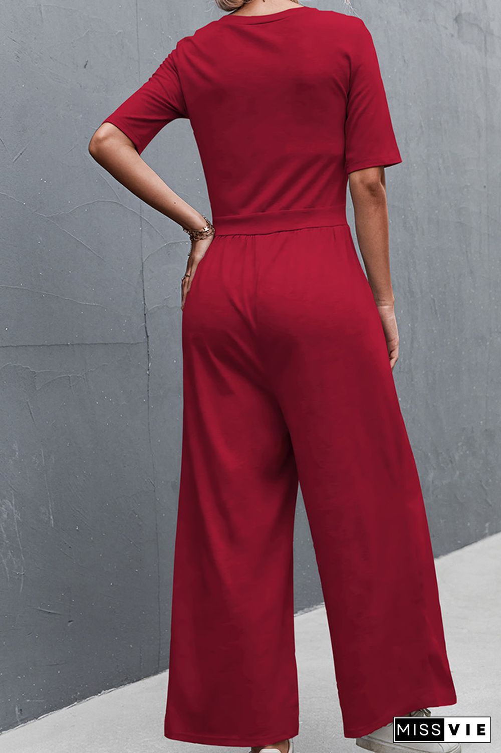 Solid Color Short Sleeve Wide Leg Jumpsuit Wholesale