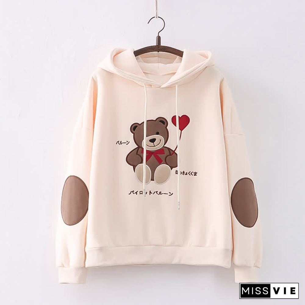 Cartoon Bear Embroidery Loose Plush Hoodie