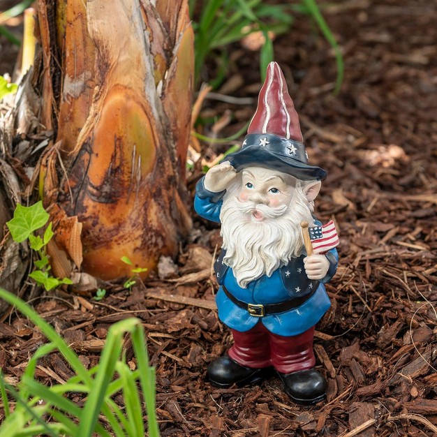 Polyresin stone Americana Saluting Gnome With Flag Red white blue Alpine Corporation