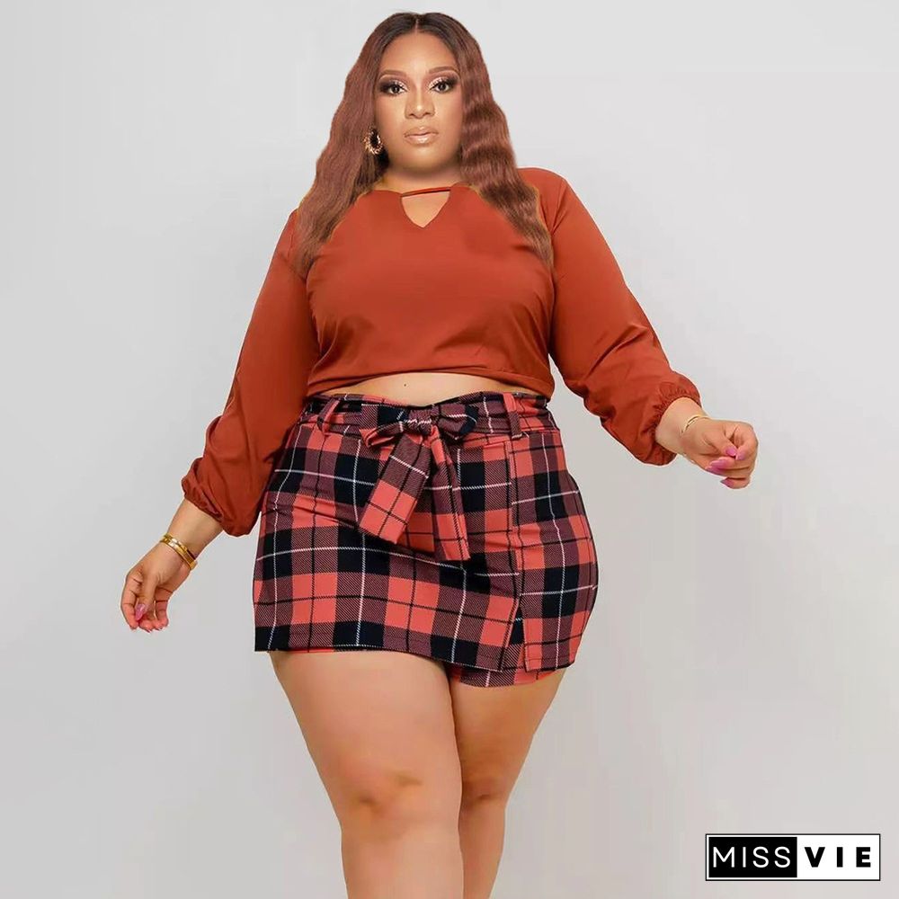 Plus Size Long Sleeve Crop Tops Plaid Skirts Set