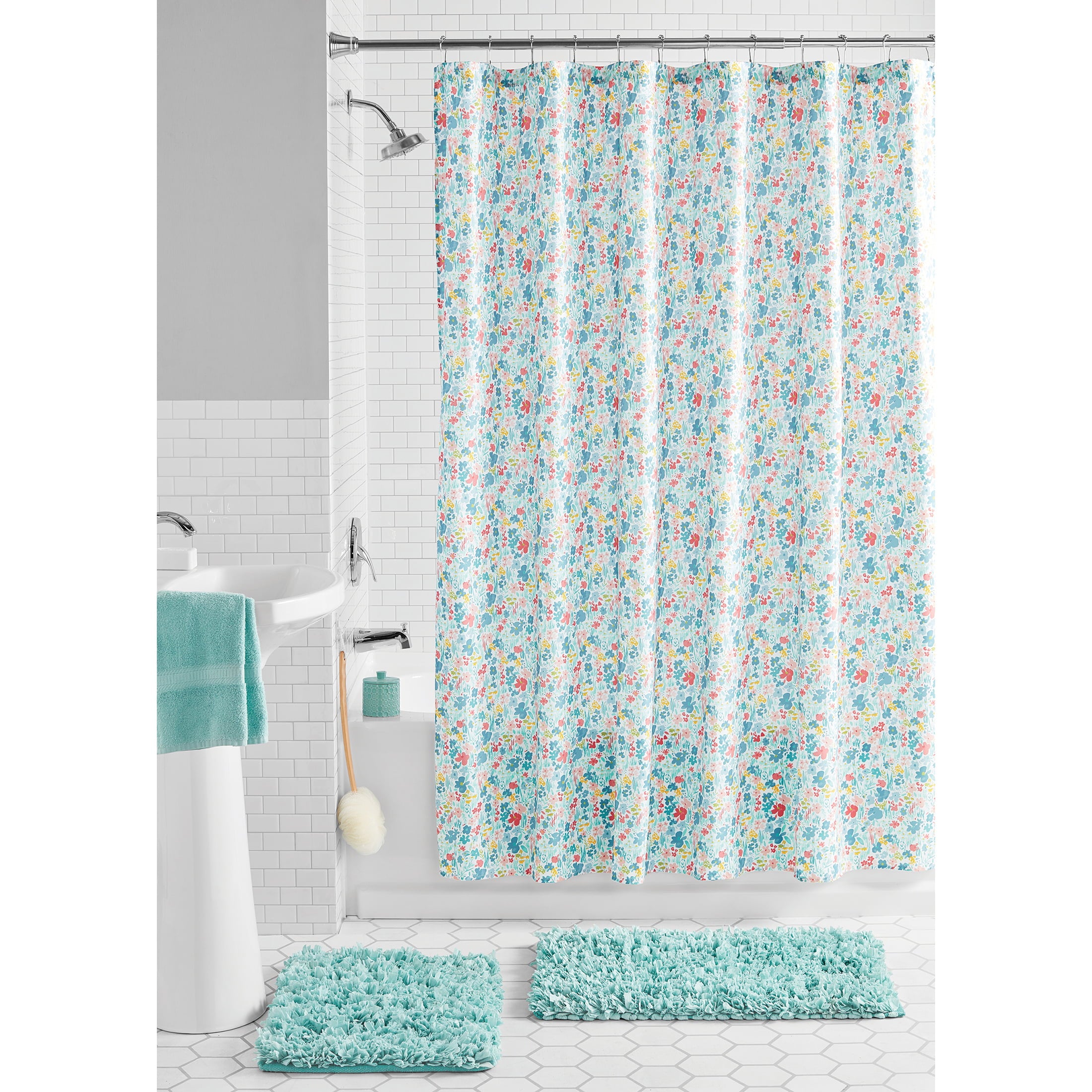 Mainstays Ditsy Multi-color Floral Polyester 15-Piece Shower Curtain Bath Set