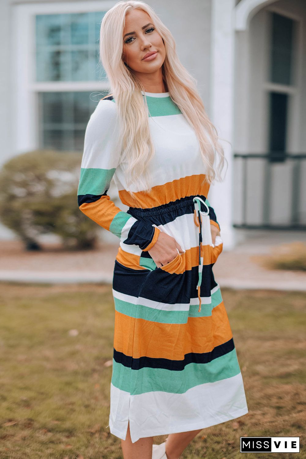 Green Multicolor Block Drawstring Waist Long Sleeve Midi Dress